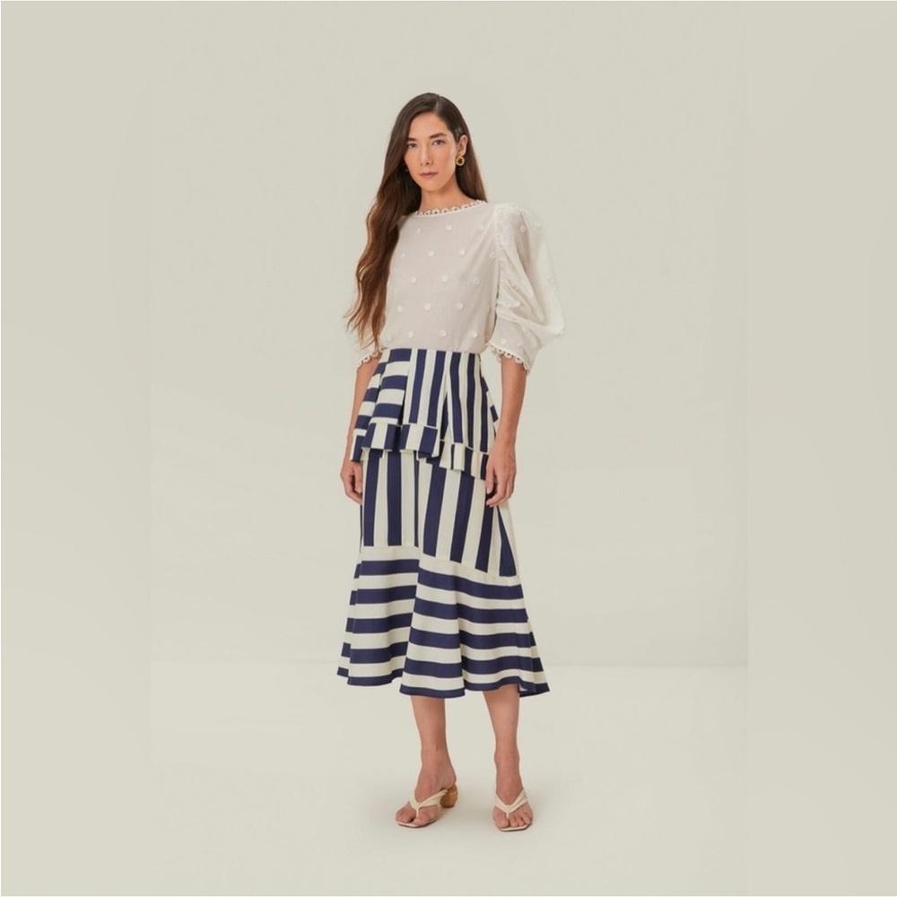 Farm Rio: Blue Mixed Stripes Midi Skirt